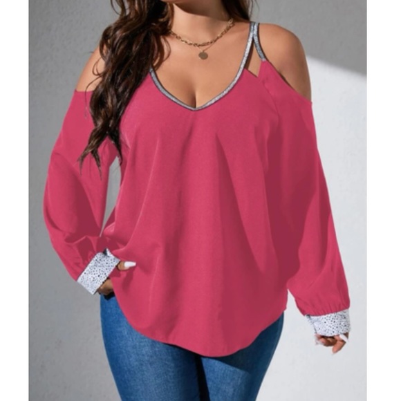 Plus size black contrast trim cold shoulder blouse - Picture 2 of 12